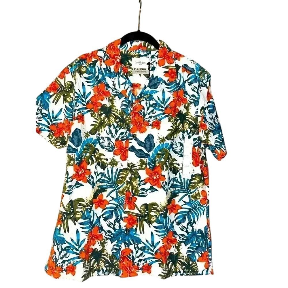 Tropical Hawaiian Shirt with Hibiscus & Palm Leaves Print Button Down Size M E74